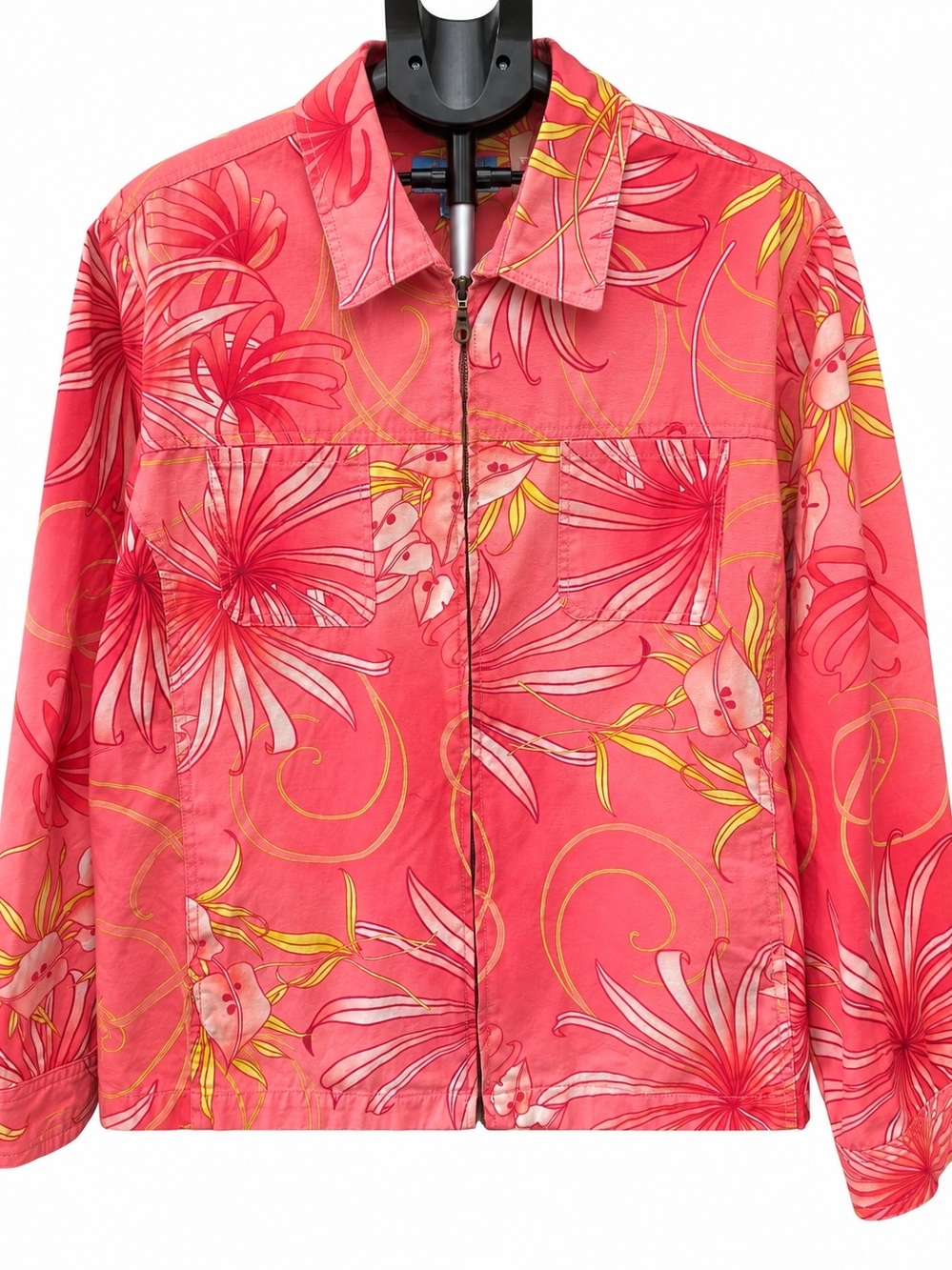 Island Winds Pink Coral Floral Zip-Up Utility Jacket with Yellow Accents